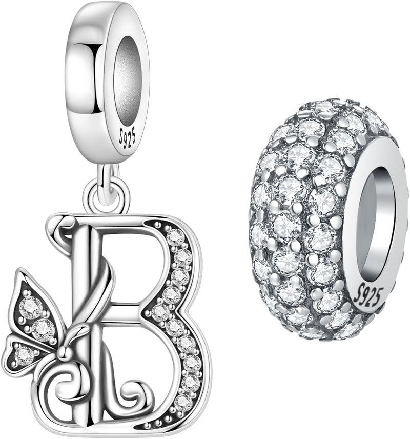 PANPOKI Store 2 Pack 925 Sterling Silver Butterfly Letter Charms for Bracelets and Necklace Alphabet Initial Dangle Pendants Round Spacer Beads Pave Cubic Zirconia Jewelry Gift for Women - Image 1